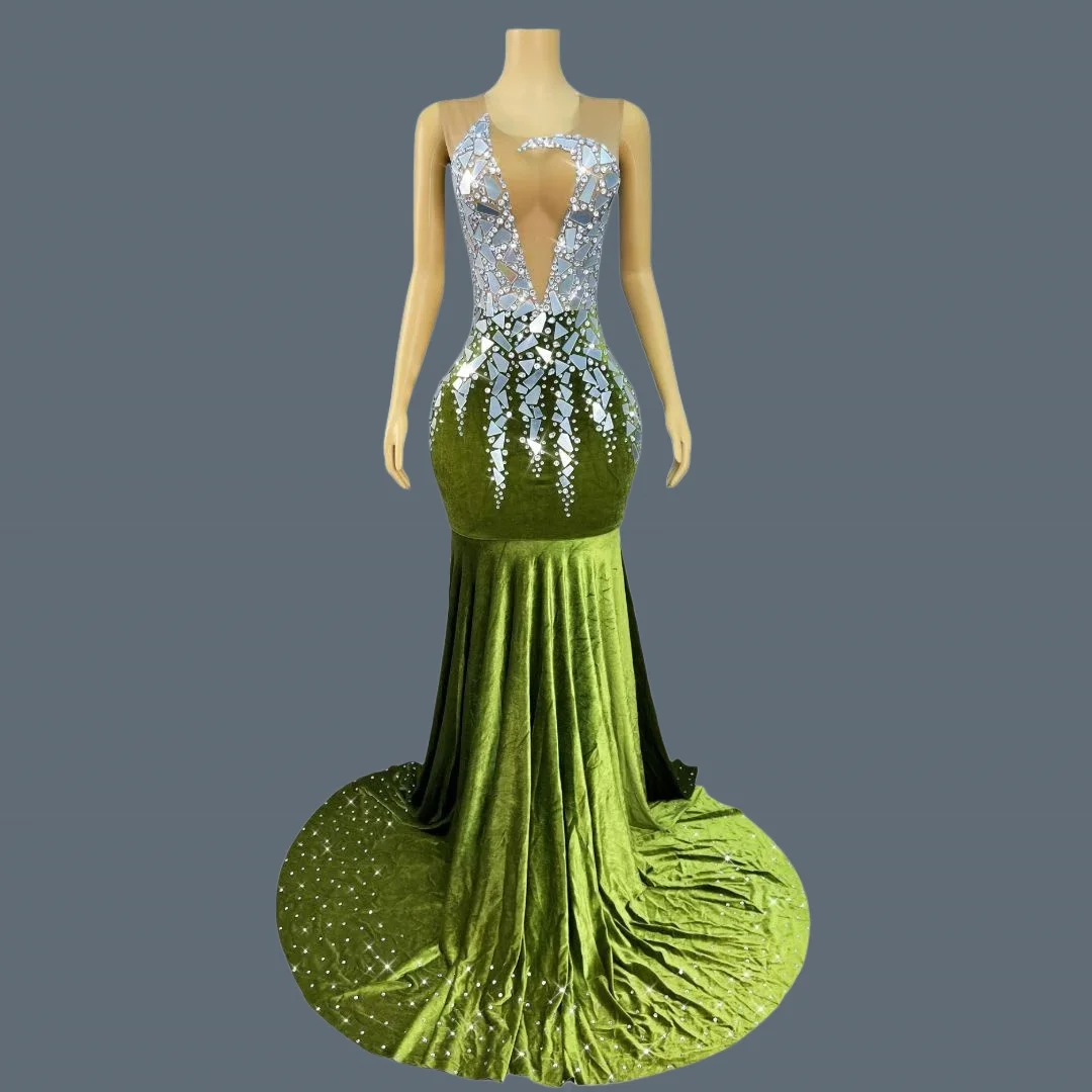 

High-end Couture Sparkly Rhinestone Sequins See Through Mesh Velvet Floor-length Dress Gala Prom Red Carpet Formal Gown Qingyao