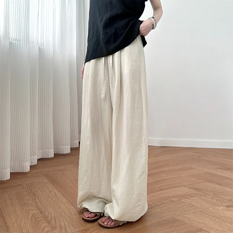 Linen Loose Straight Casual Baggy Pants Women's Summer Thin Wide-leg Pants Full Length Drawstring Solid Color Trousers Women