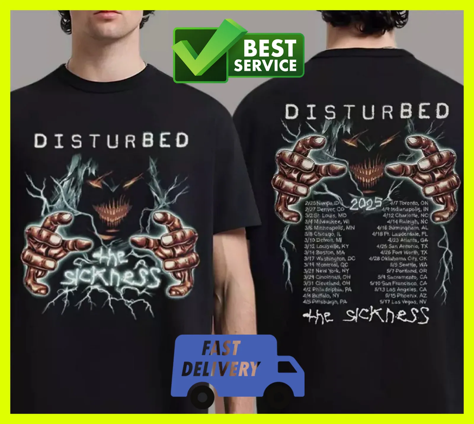 Camiseta de la gira Disturbed The Game Sickness 25 de doble cara
