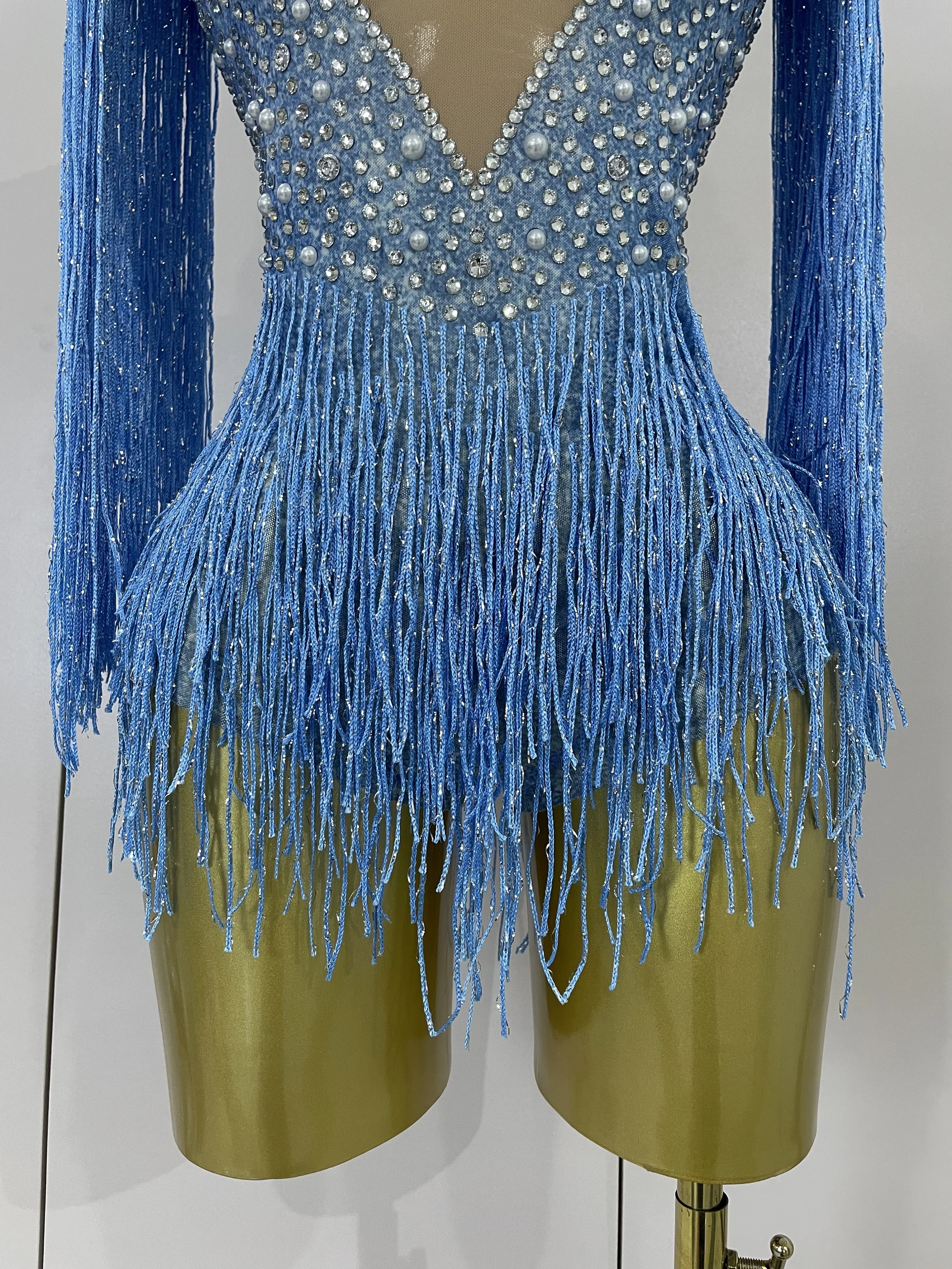 Luxury Sparkly Rhinestone Tassel Mesh Strech Bodysuit Evening Celebrate Birthday Party Nightclub Dance Performance Stage Costume
