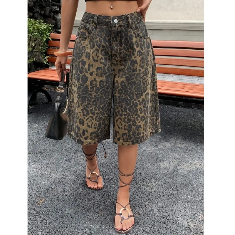 

Unisex plus Size Leopard Print Casual Mid-Rise Jeans Fashionable Versatile Simple Match Water Washed Denim Trousers