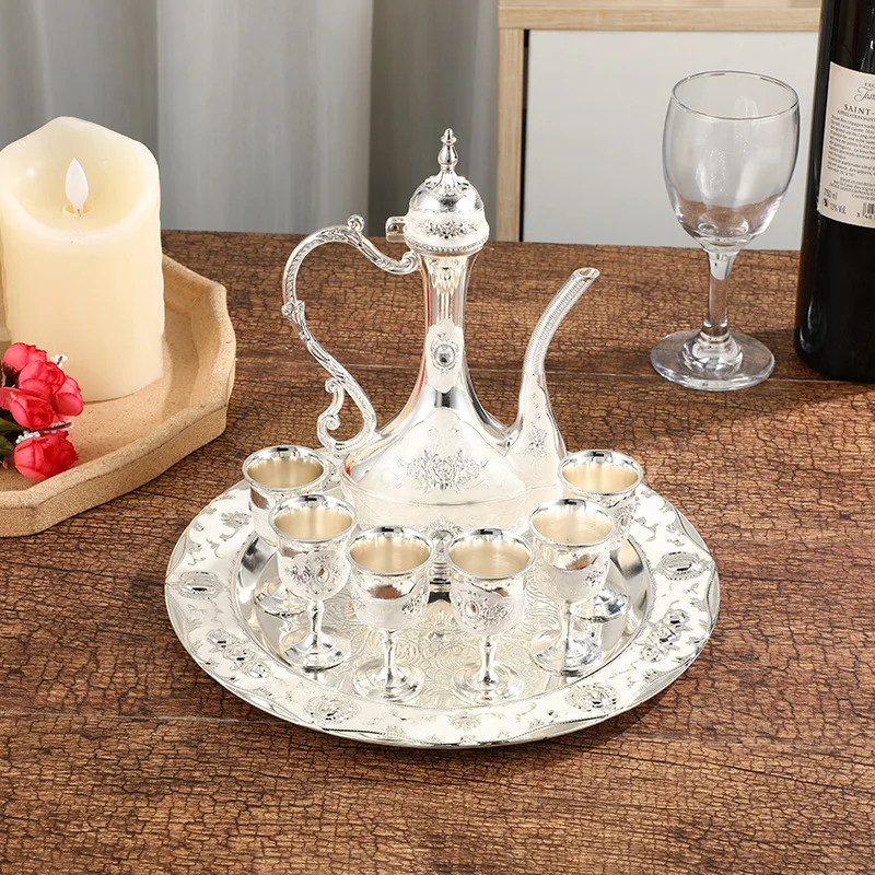 

European-style Metal Zinc Alloy Wine Tea Set 1 Pot 6 Cups and 1 Tray Liquor Barware Set Home Drinking Accessories Supplies