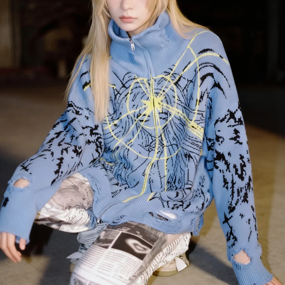 Y2K Angel Cartoon Print Zipper Destruction Style Sweater American Autumn Winter High Street Casual Knitting