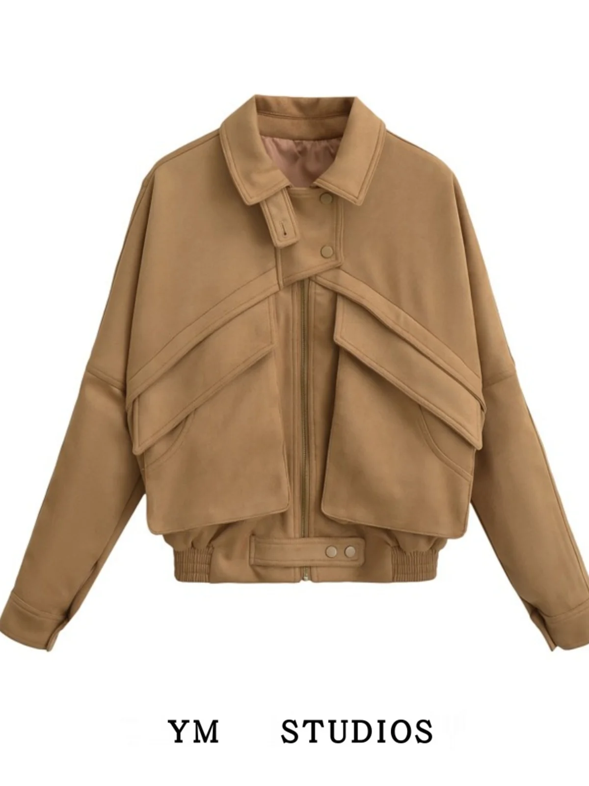 

Thiened ort Waist-Cinching Suede Jaet Street Sle Loose Fit Women's Outerwear Zipper Closure Long Sve Collar