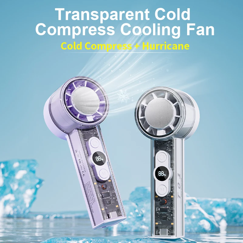 2026 Portable Handheld Fan USB Rechargeable Cooling Fan With LED Display Screen Desktop Outdoor Ice Compress Refrigeration Fans