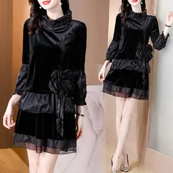 Elegant Velvet Spliced Gauze Mini Dress Autumn Winter Chic Beading Women's Clothing Floral Three-dimensional Decoration Dresses
