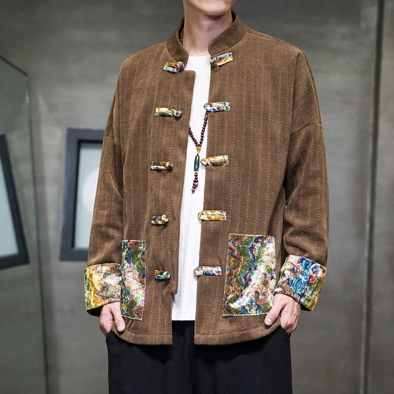 

Retro Chinese Sle Men's Jaet Coat with Button Collar Stand up irt Hanfu Traditional Clothing Autumn Faion Outerwear