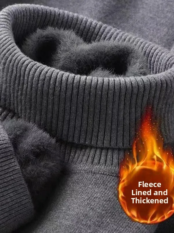 Fleece Lined High Collar  Fleece Sweatshirt Men's Casual Long Sleeve Knitted Shirt Thick Warm Winter Top