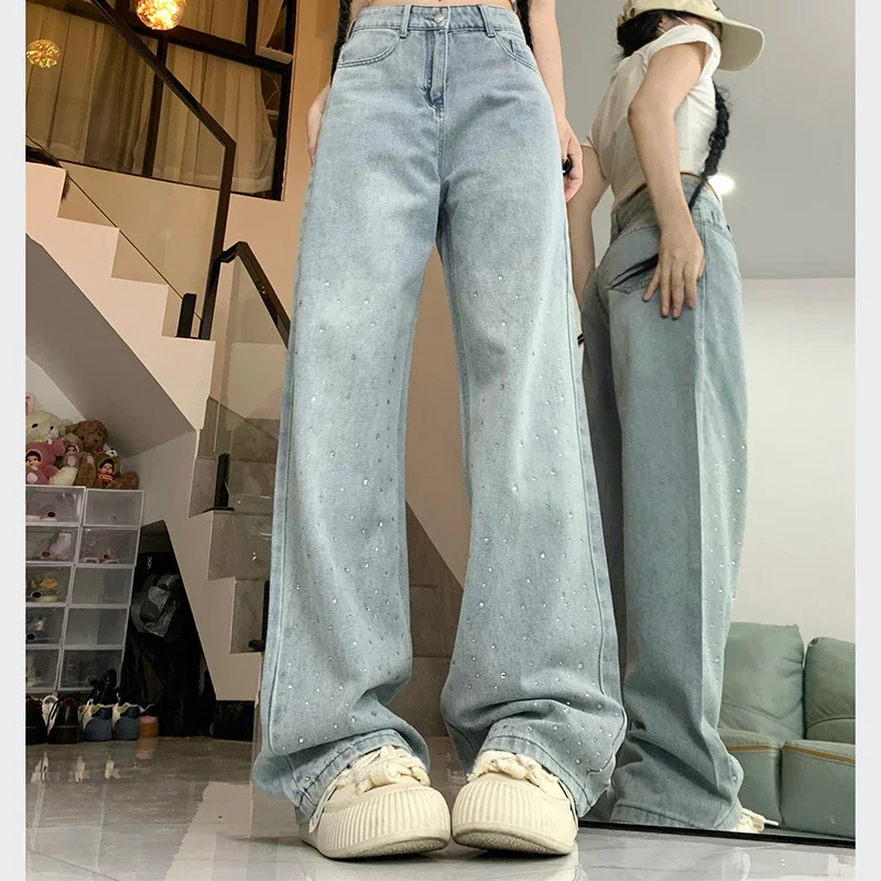 Women Designer Straight Leg Denim Pants Lady Bling Sequins Loose Comfortable Wide Leg Jeans Girls y2k 2000s Light Blue Trousers