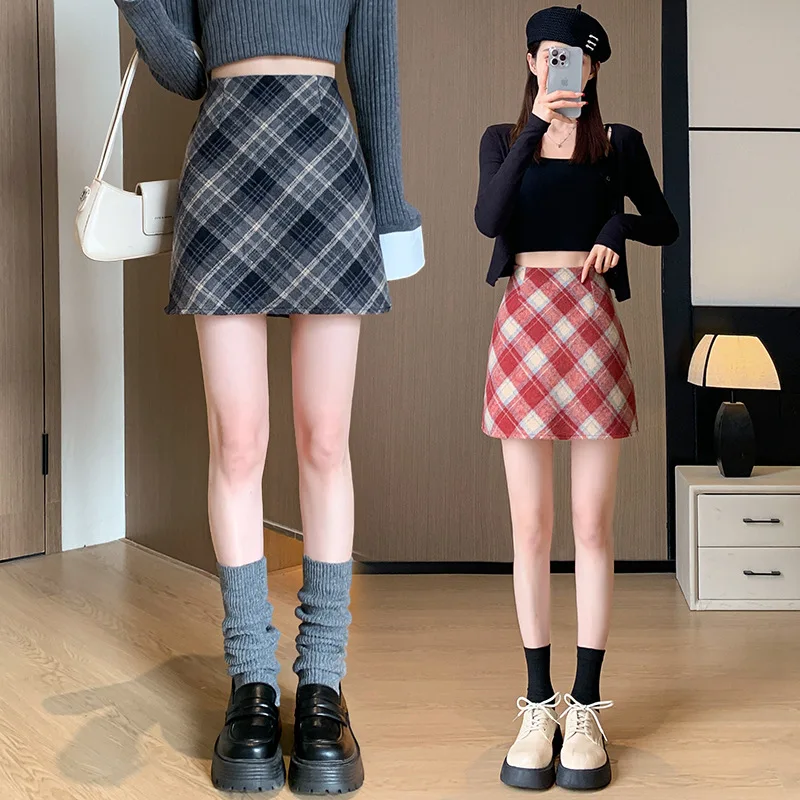 Falda de tubo de lana Vintage a cuadros de cintura alta para mujer 2023 Otoño Invierno Casual ajustado corto Saias Mujer