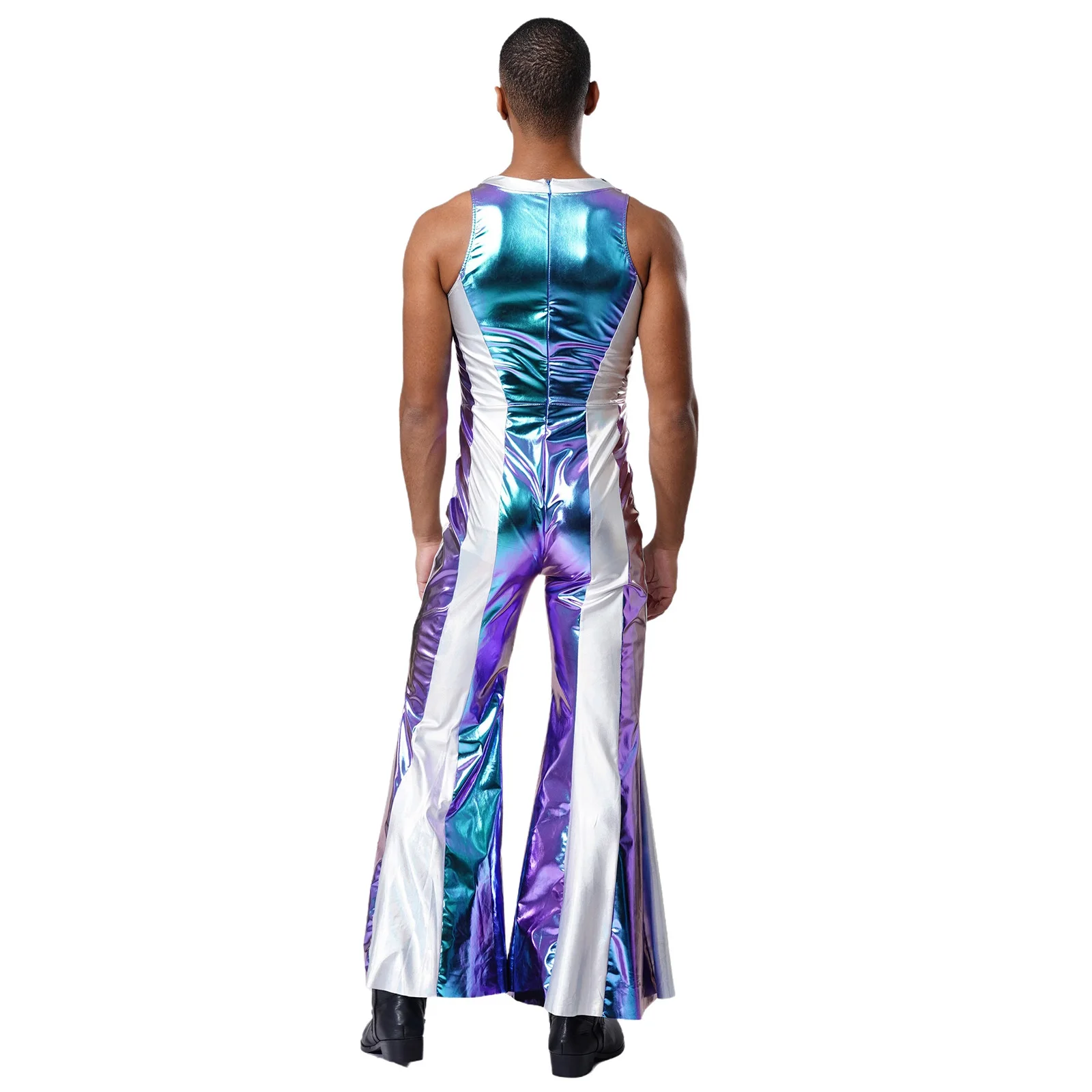 Costume Disco pour hommes des années 70 et 80, Hippie métallique, pantalon à cloche, body à manches longues, combinaison évasée pour fête musicale Jazz