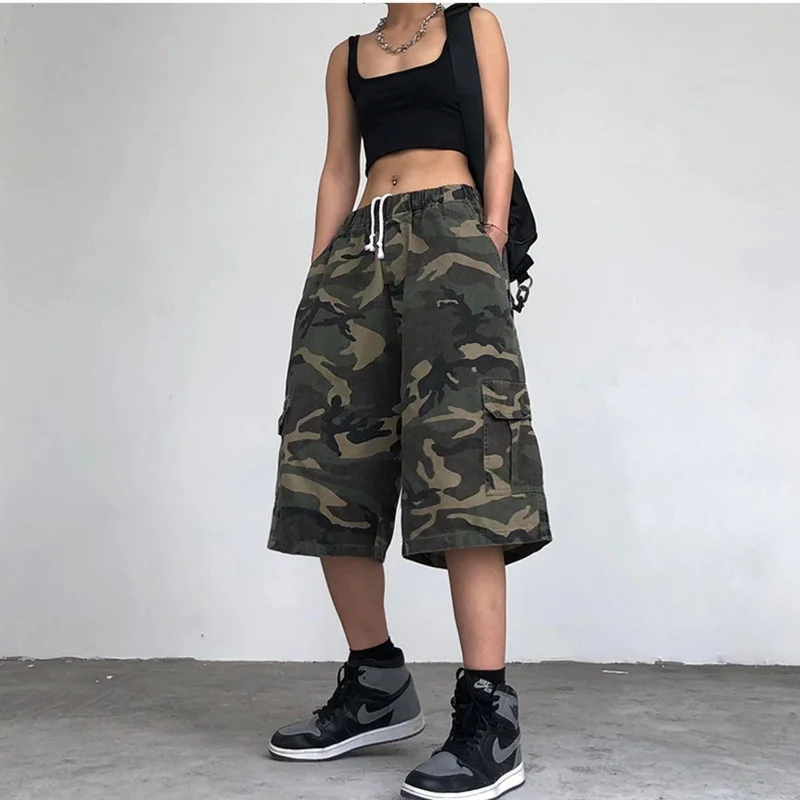 Streetwear Men Women Camouflage Cargo Shorts Summer Vintage Y2k Elastic Waist Outdoor Sports Casual Baggy All-match Wide Pants