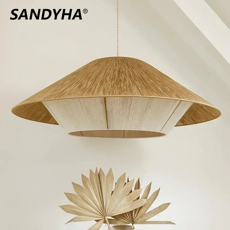 

SANDYHA Japanese Pendant Lights Vintage Hemp Rope Hanging Chandelier for Living Room Dining Table Lighting Bedroom Decoration
