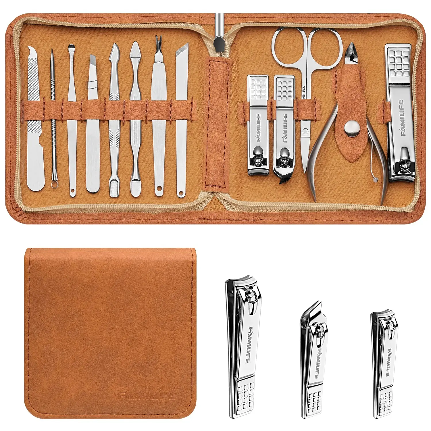 

FAMILIFE Professional Nail Care Kit - 13PCS Stainless Steel Manicure Set with Nail Clippers,Grooming Tools Leather Travel Case