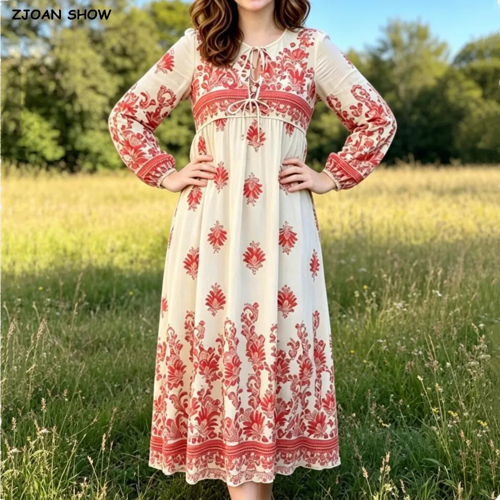 2026 BOHO Beige with Pink Floral Print Bow Lacing up Neck Long Straight Dress Women Full Sleeve Maxi Dresses Femme Vestidos Robe