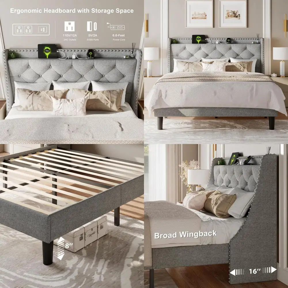 

Роскошная кровать-платформа с изголовьем Wingback, обитая тканью, с пуговичной обшивкой, с местом для хранения, деревянным ламельным основанием, простая сборка, светло-серый цвет