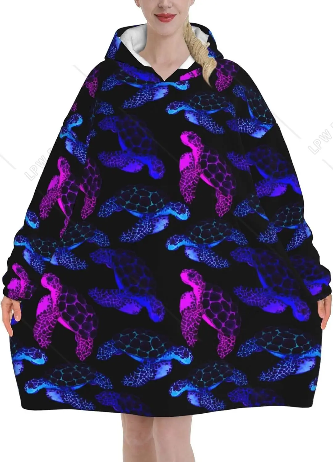 

Watercolor Sea Turtle Adult Flannel Wearable Plush Blanket with Pockets Ultra Soft Plush Warm Hoodie