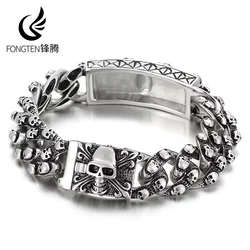 Fongten Men Big Skull Relief Pattern Darkness Jewelry Shiny Design Fashion Retro Punk Style Metal Bracelet