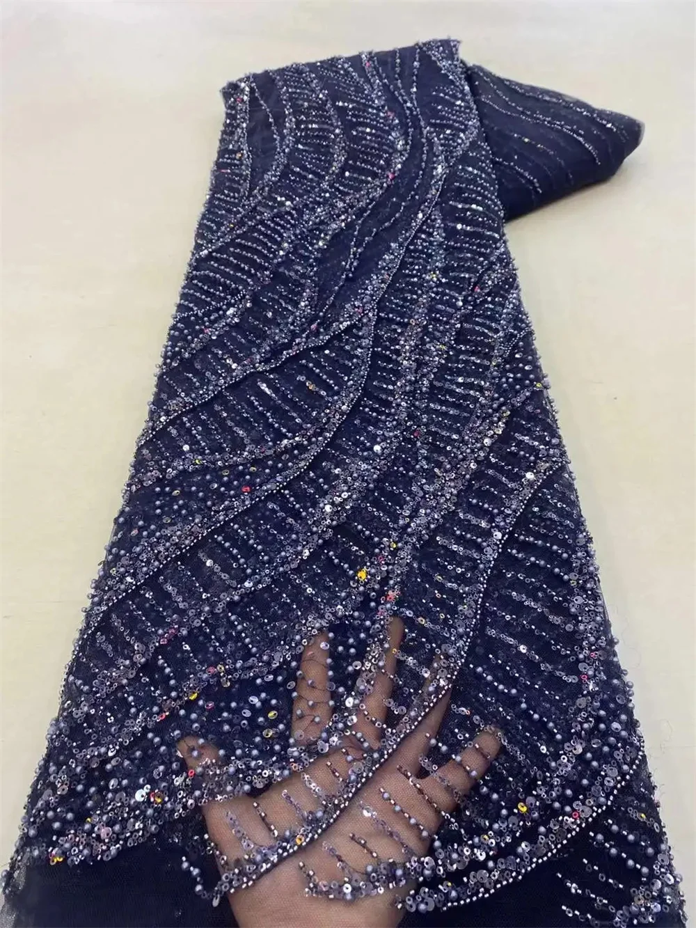 Luxurious African Beaded Net Mesh Lace Fabric 2024 Beads Embroidery Sequins French Tulle Lace for Nigerian Wedding Party Dress