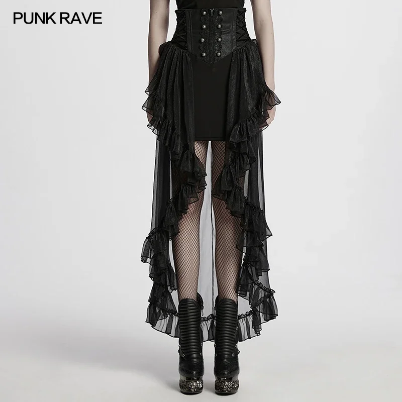 

PUNK RAVE Women's Gothic Cinching Waist Romantic Gentle Chiffon Skirt Symmetrical Laces Adjustable Drawstring Dark Long Skirts