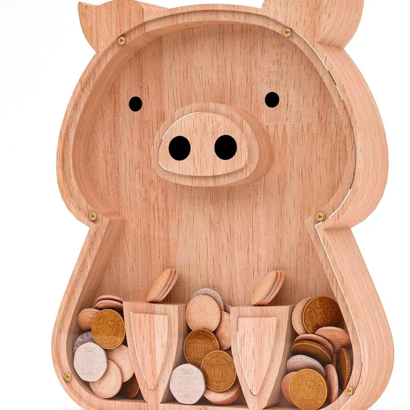 Solid Wood Savings Box for Children's Piglets, Multi-purpose Acrylic Transparent Coin Window Savings Jar