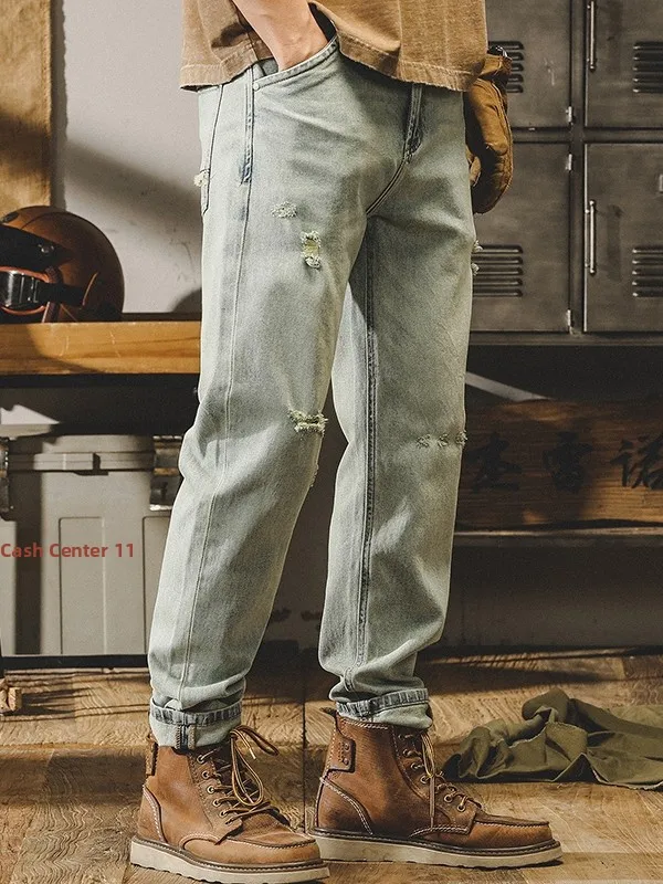 

Мужские джинсы Jieren в американском ретро-стиле, прямые, с эффектом потертости, с дырками, весенние, свободного кроя, молодежные, износостойкие