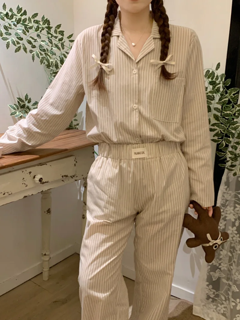 Striped Print Autumn Pajamas Set Women Single Breasted Shirts + Pants Vintage Cotton Sleepwear Two Piece Home Suit Couple Lovers