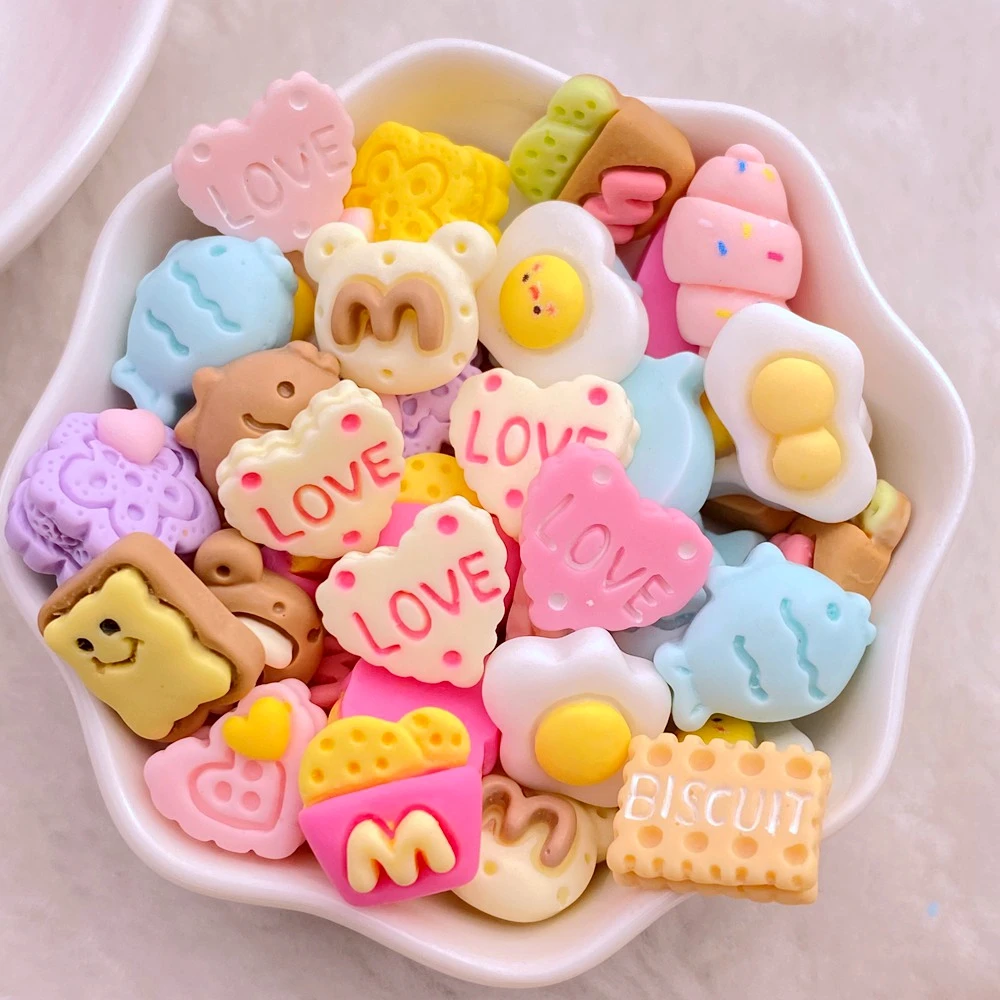 20Pcs New Cute Resin 10-17mm Mini Cartoon Cake, Biscuit Series Flat Back Manicure Parts Embellishments For Hair Bows Accessories