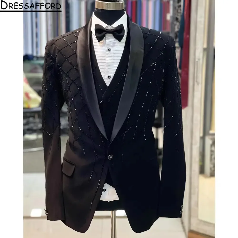 Black Formal Men Suits 2 Piece Stripe Beading Fashion Business Casual Wear Party Wedding Groom Tuxedo Jacket And Pants