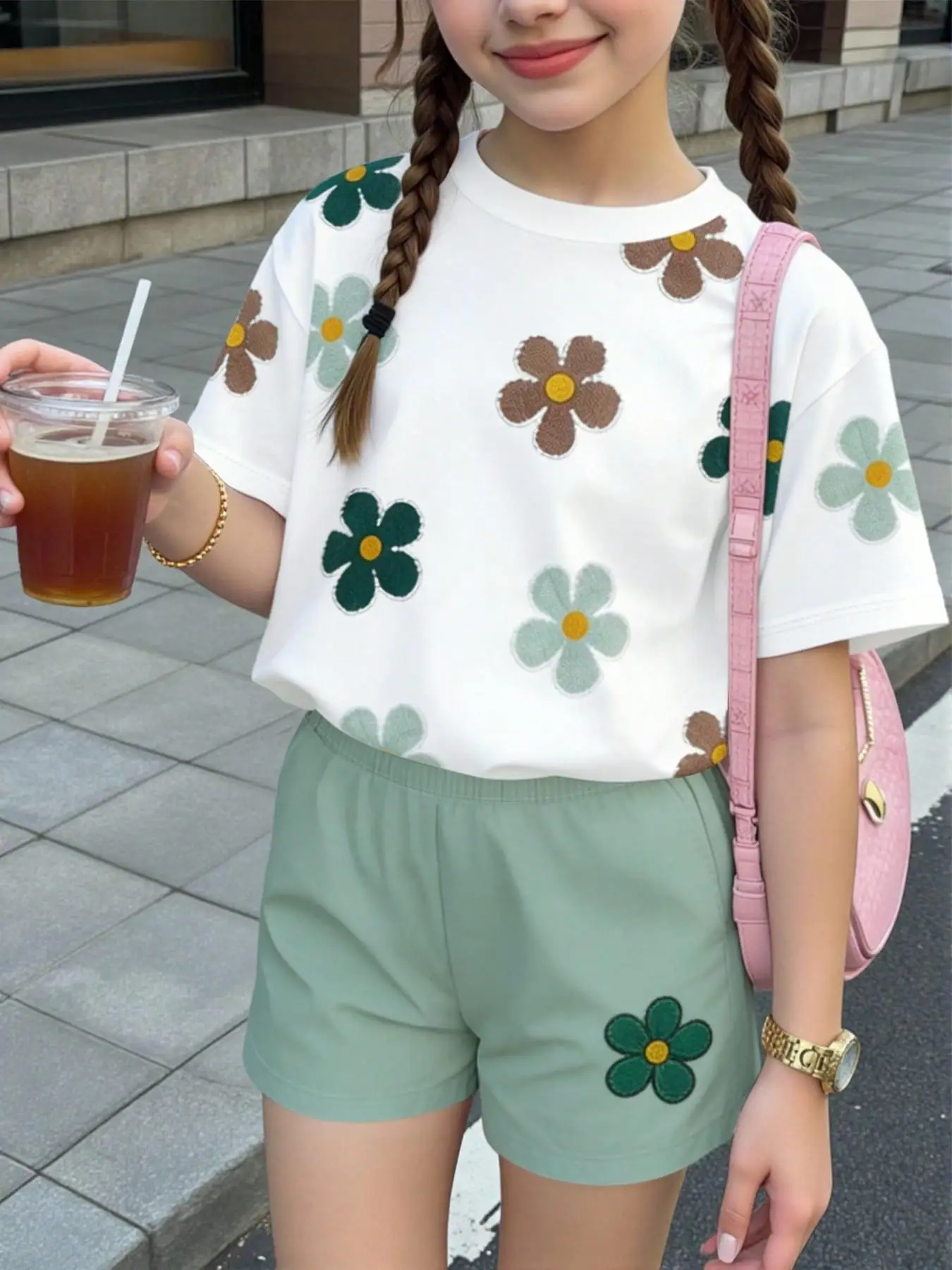 Girls' Summer Casual Outfit: Three-Color Floral Print Top + Mint Green Shorts Two-Piece Set, Fresh and Natural, Suitable for Girls Aged 4-12, Versatile Clothing for Home and Outings