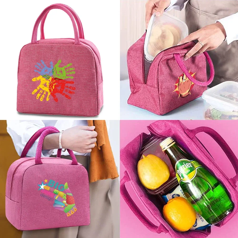 

Lunch Bag Women Picnic Cooler Handbags Child Thermal Food Lunch Bags Hand Print Waterproof Organizer Insulated Canvas Tote Pouch