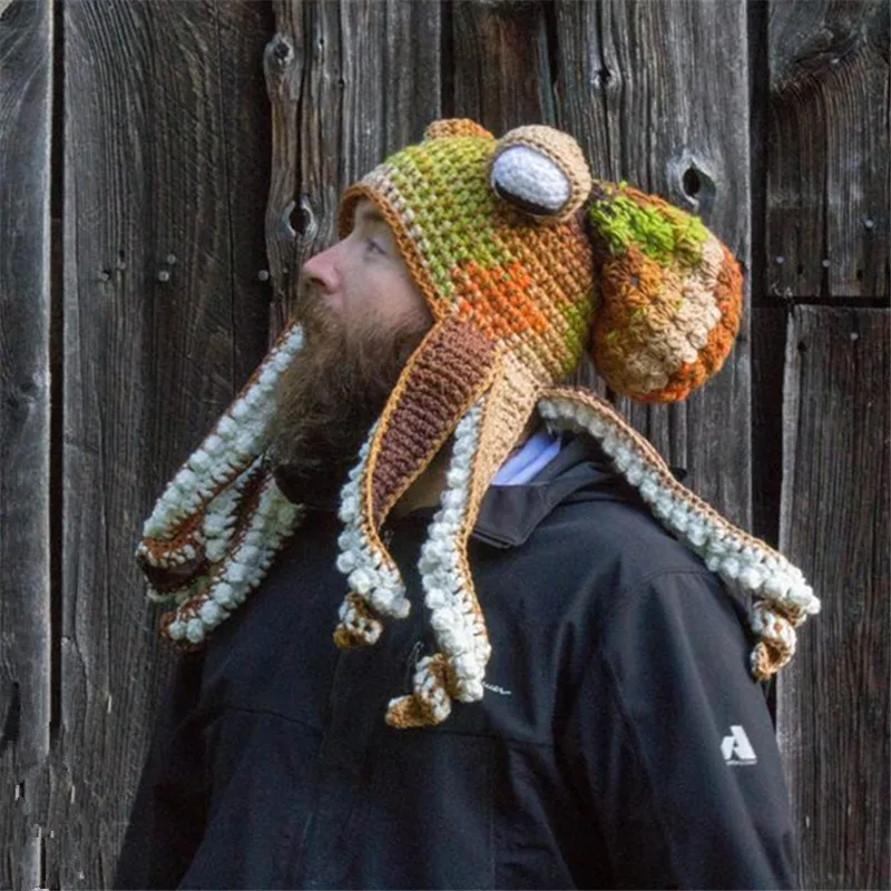 Creative Octopus Hat Autumn/Winter Crochet Knitted Squid Funny Halloween Handmade Octopus Head Cover Hat