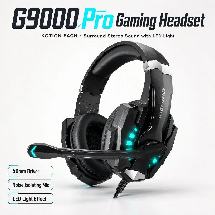Wired Esports Gaming Headset 40mm Stereo Ice Blue LED Flip Mute Mic Inline Control Gold 3.5mm for PS5 PC Xbox Glasses Fit