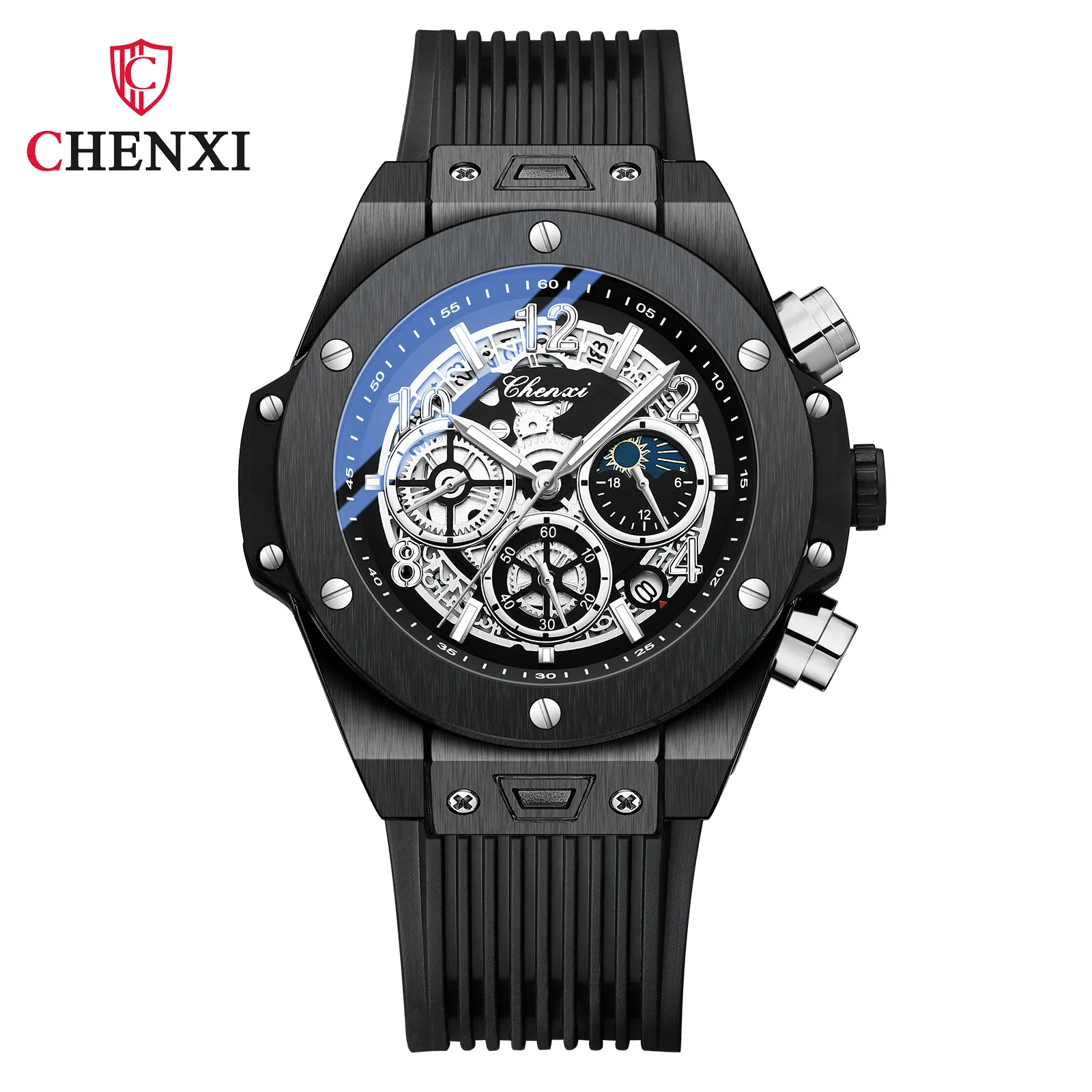 CHENXI 949 Quartz Watches Luxury Cool Creative Sports Chronograph Black Gold Silicone Strap Date Wristwatch for Male Gift