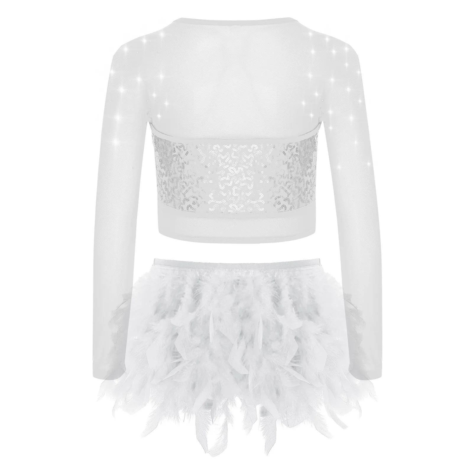 ชุดเต้นรำลีริคอลสำหรับเด็กผู้หญิง แขนยาว ประดับเลื่อมและคริสตัล ผ้าตาข่ายซีทรู เสื้อครอปท็อป พร้อมกระโปรงขนนก สำหรับยิมนาสติก ซัลซ่า ลาตินแดนซ์