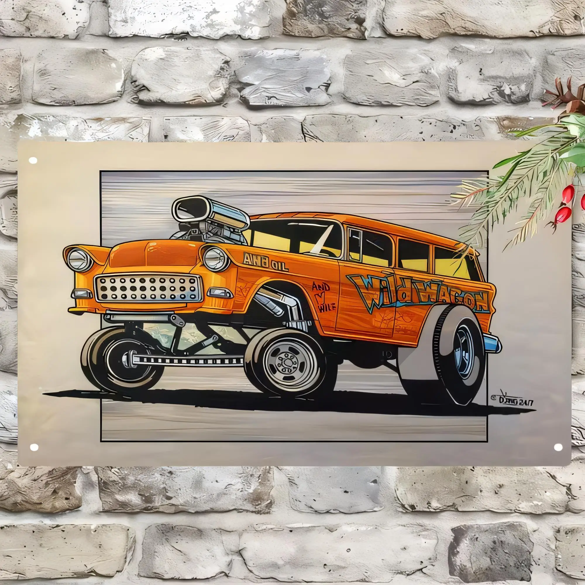 Vintage Wild Wagon Tin Sign, Orange Classic Truck Garage Wall Decor, Retro Metal Sign for Man Cave Bar Home Office, Industrial A
