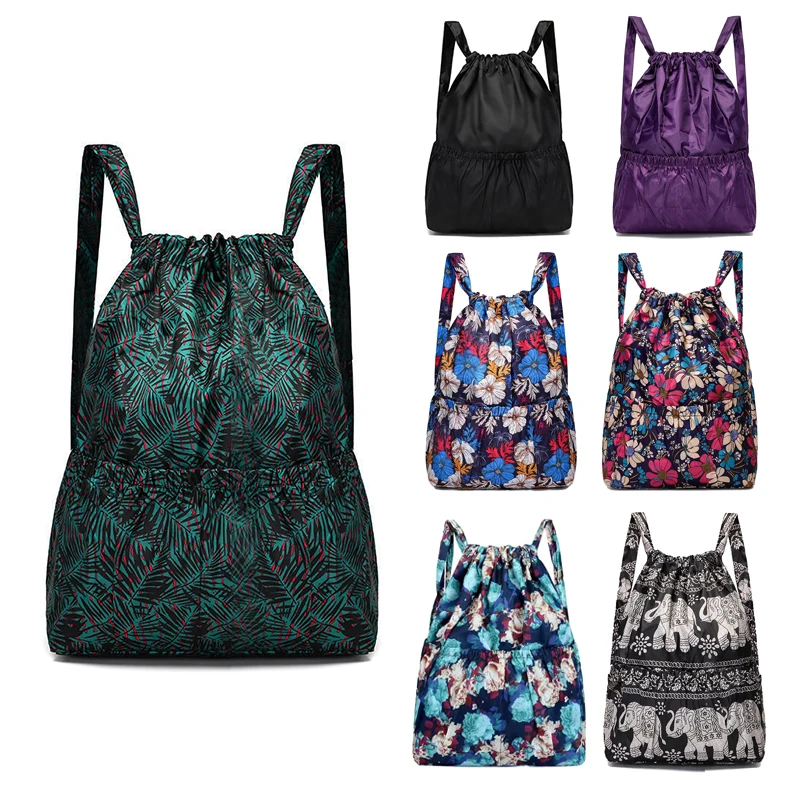 Mochila de bolsillo con cordón, nueva bolsa deportiva de viaje para Fitness, mochila de hombro de nailon impermeable de estilo étnico con flores de gran capacidad