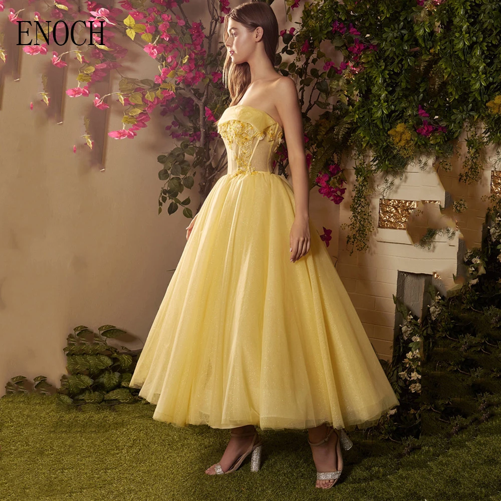 ENOCH Modern A-Line Evening Dresses New Strapless Sleeveless Backless Lace Appliques Tulle Tea Length Prom Gowns فساتين السهرة