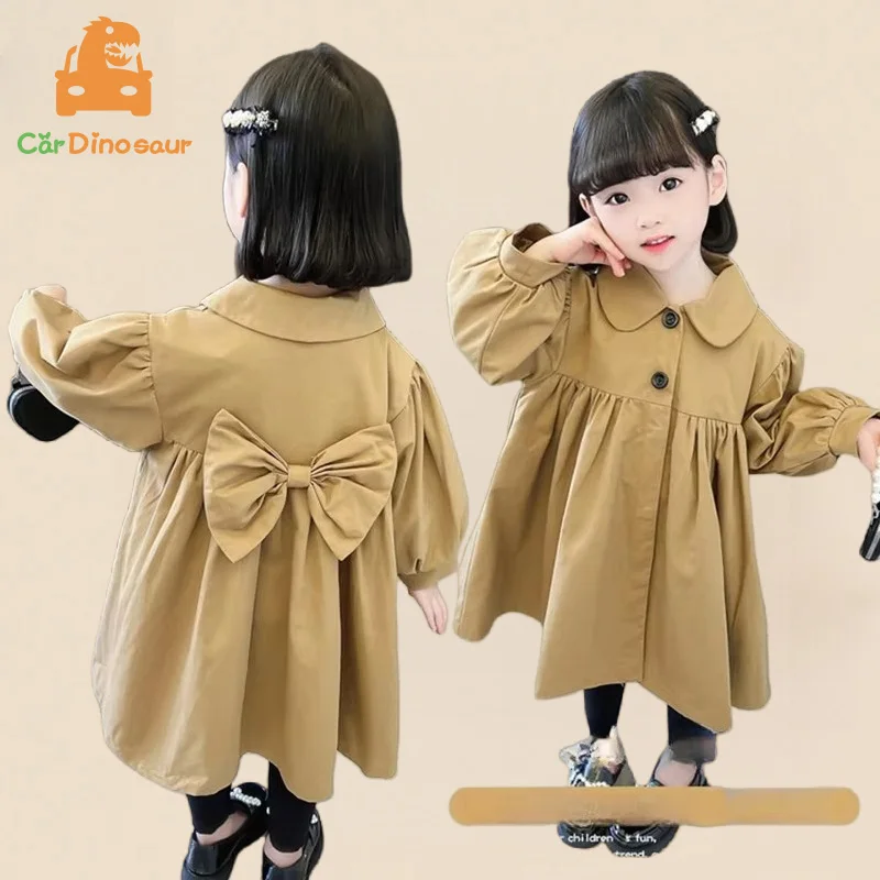 

2025 весенне-осенняя мода 2, 3, 4, 5, 6, 7, 8 лет, детская одежда, верхняя одежда, пальто, детский плащ средней длины с галстуком-бабочкой для маленьких девочек