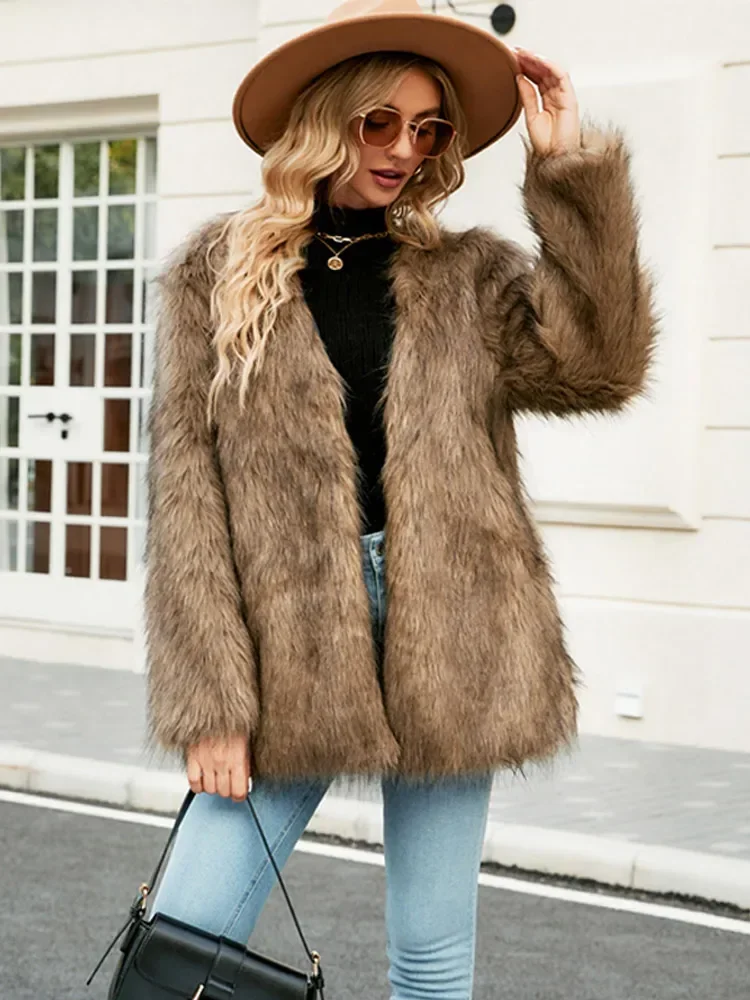 Fashion Faux Fur Coat Women Elegant Turn Down Collar Female Medium Long Coats 2024 Winter Warmer New High Street Ladies Jacket