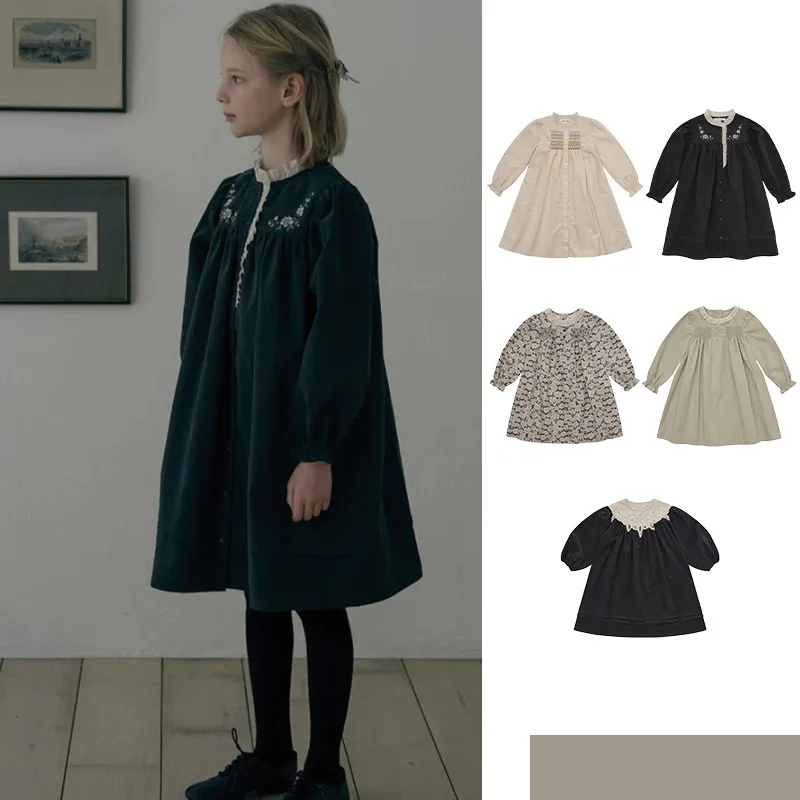 

Girls' Dress 2025 Fall New Arrival Embroidered Sweet Warm Children's Dress Pure Cotton Floral Print Long Sleeve Princess Dress