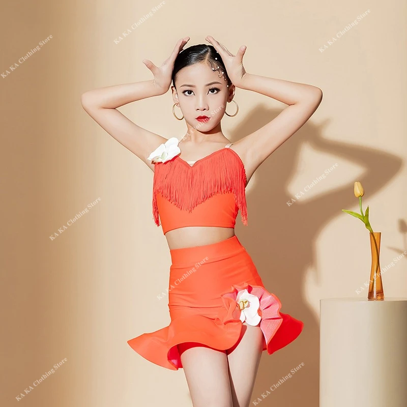 Kids Fringe Rumba Tango Salsa Samba Latin Dance Costumes Tassel Ballroom Latin Dress Girls Children Stage Outfits Costume