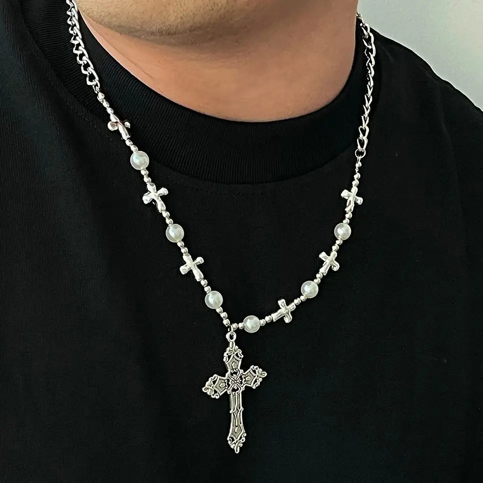 Lacteo Trendy Sliver Color Imitation Pearl Alloy Adjustable Necklace Chain For Man Jesus Cross Pendant Daily Jewelry Accessories