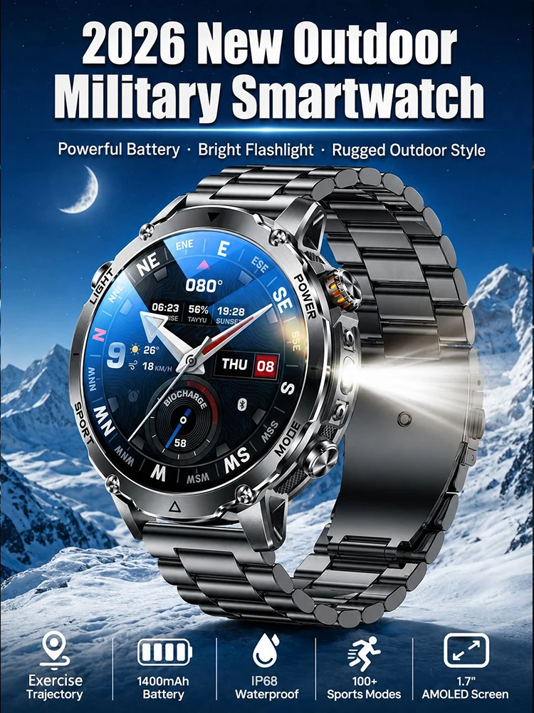 2026 Neue Herren-Smartwatch mit 1400mAh Ultra-Akku, AMOLED-Bildschirm, Bluetooth-Anruf, IP68 wasserdichtem Armband, LED-Taschenlampe, Outdoor-Sport-Fitness-Smartwatch