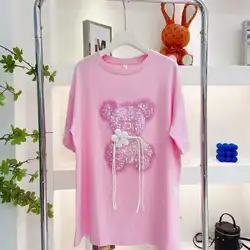 2025 Sequin Pink Bear T-shirt Heavy Handmade Shiny Bowknot Bow T Shirt Summer Tees Top Accessories Clothes