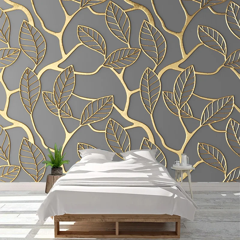 Custom Any Size Wall Cloth 3D Gold Papel Pintado De Pared  Leaves Mural Living Room Bedroom Decoration Wall Paper Roll Fresco