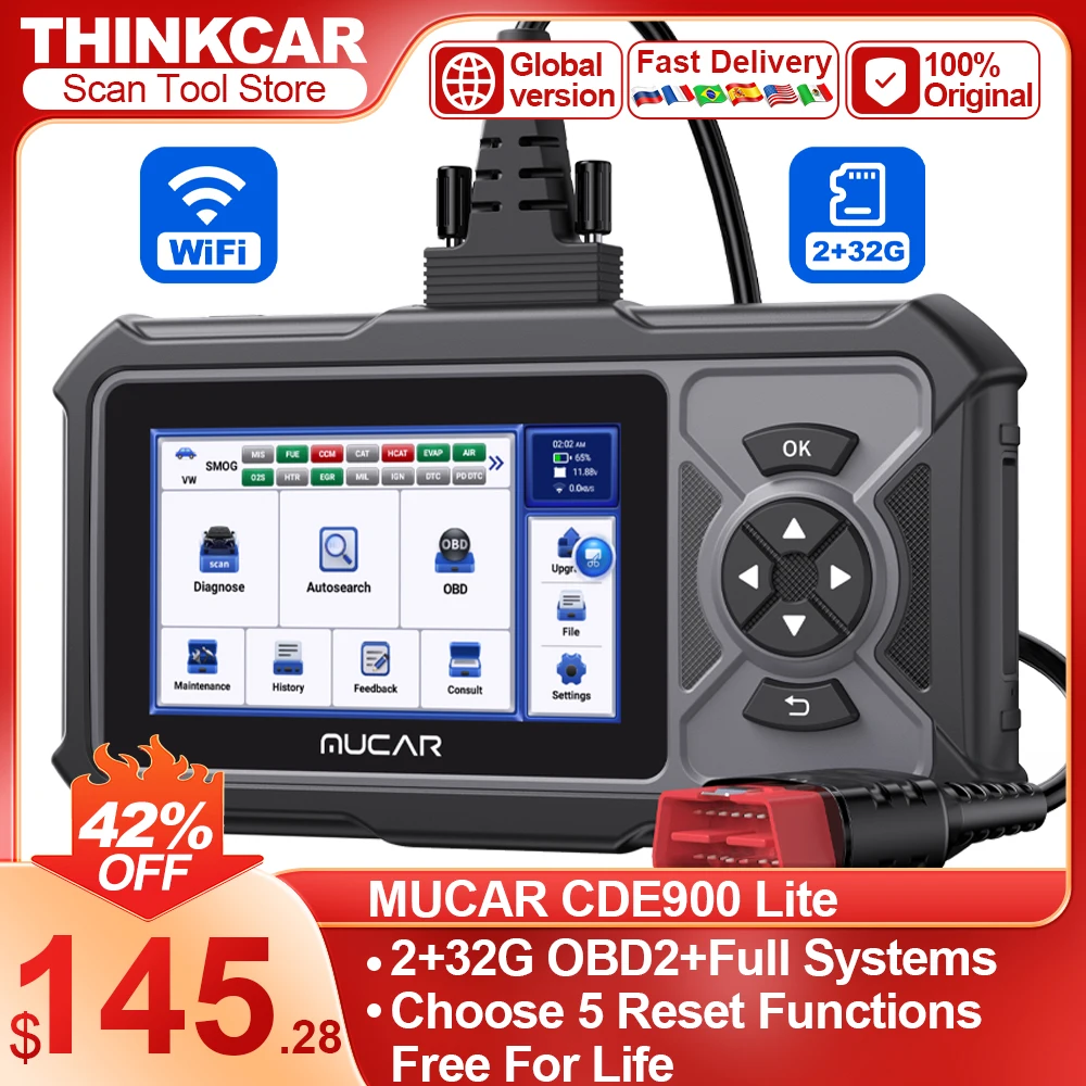 

Диагностический сканер MUCAR CDE900 LITE OBD2, полный прибор для считывания кодов автомобиля, 5 сбросов