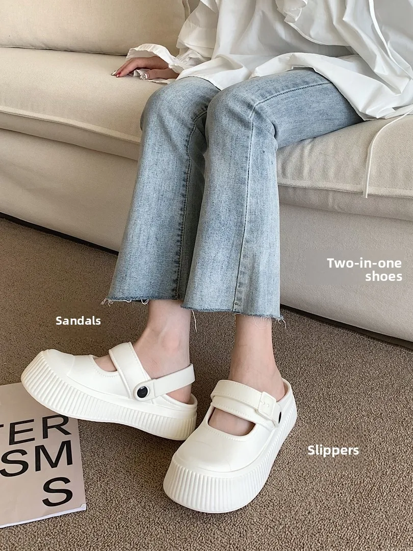 

Faionable Mary Jane Flat Sandals Women's Summer Outdoor Anti-slip Two-wear Headed Slippers Casual Sle Pure Color EVA