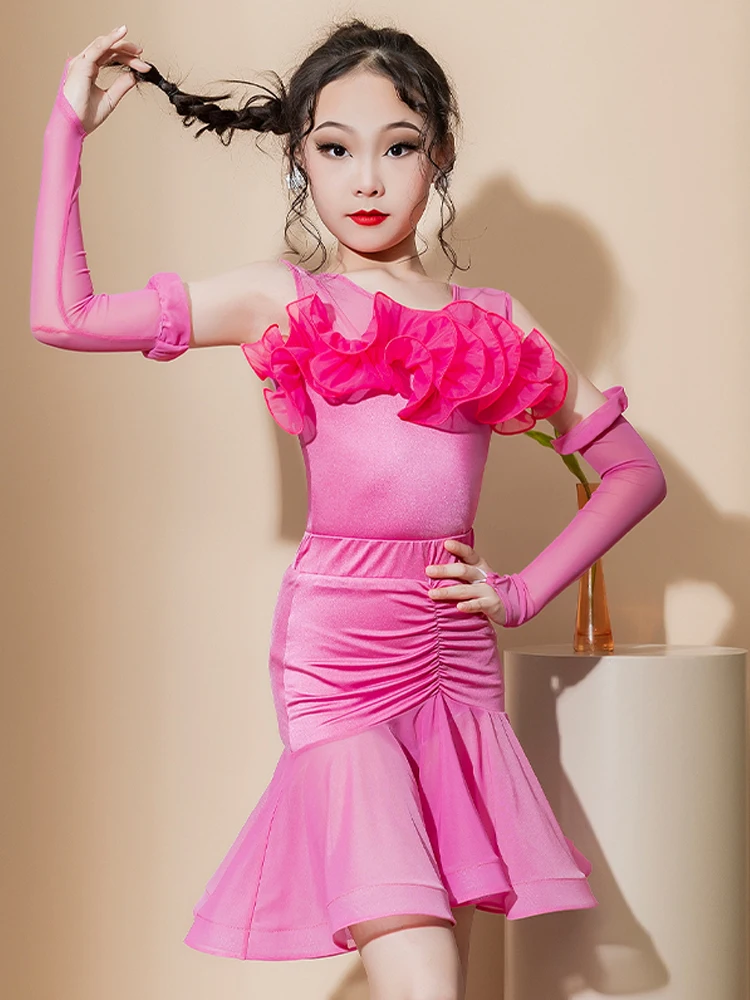 

New Girls Latin Dance Dress Set Performance Costume Kids Cha Cha Rumba Dance Clothes Pink Dancewear Practice Dress DNV18146