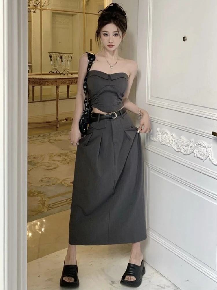 Sets Women Vintage Sexy Strapless Tops Elegant Chic Simple Folds Design Korean Style Midi Skirts Temperament Two Pieces Summer